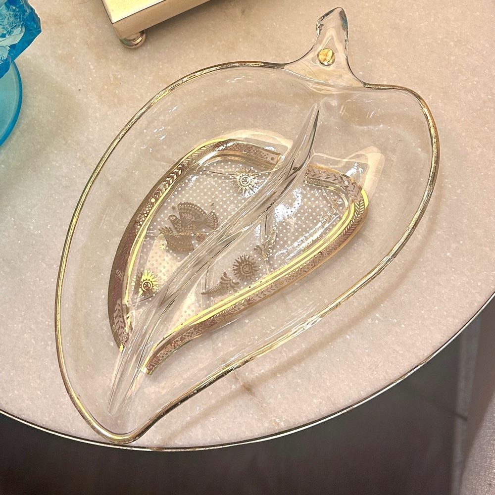 MCM Georges Briard Gold Gilded Glass Leaf-Shaped Dish
